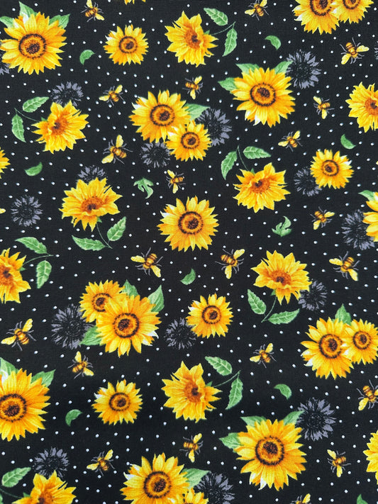 Hi Fashions Sunflowers and Bees Fabric Black Dot 1440