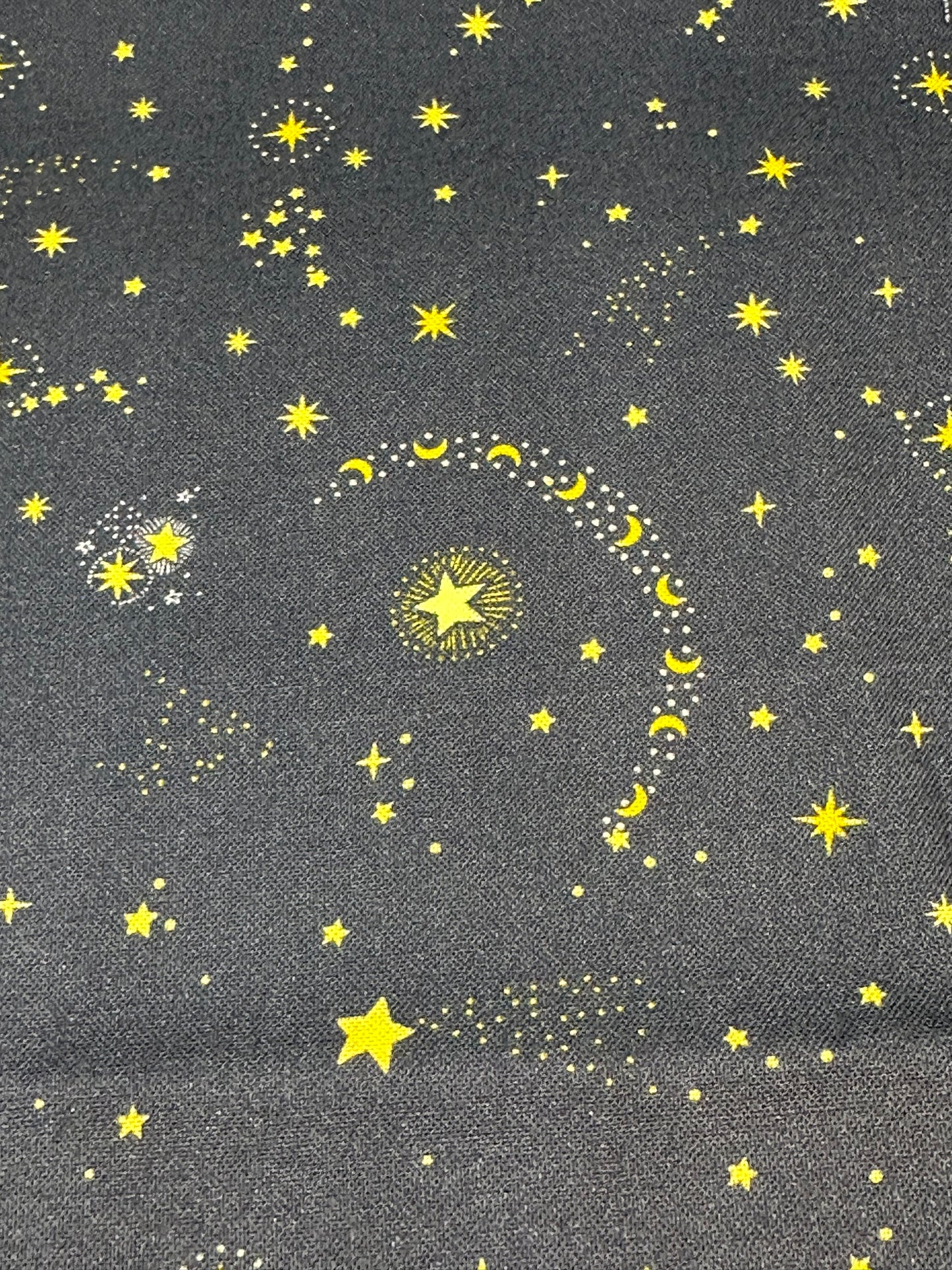 Pattern of stars and moons on a dark gray background