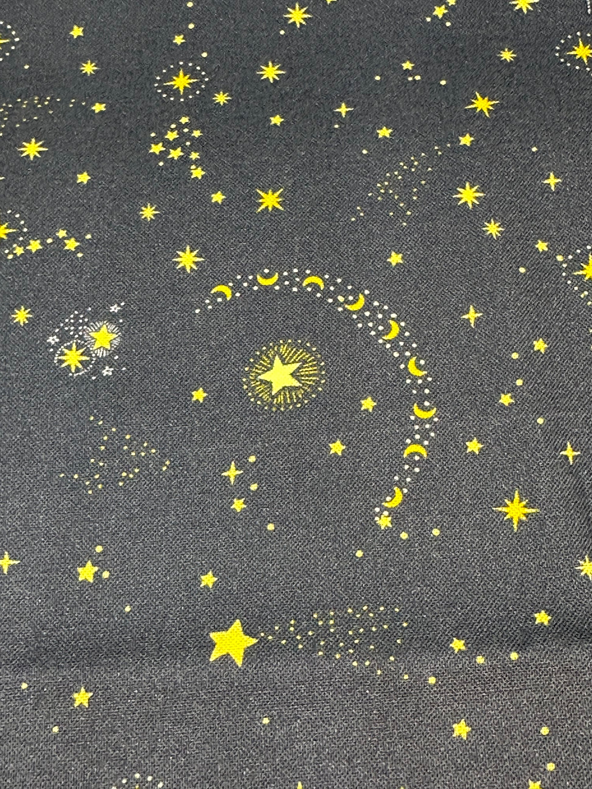 Pattern of stars and moons on a dark gray background